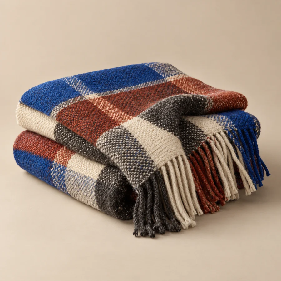 Folded woven wool throw in cobalt, rust, cream, and charcoal checks