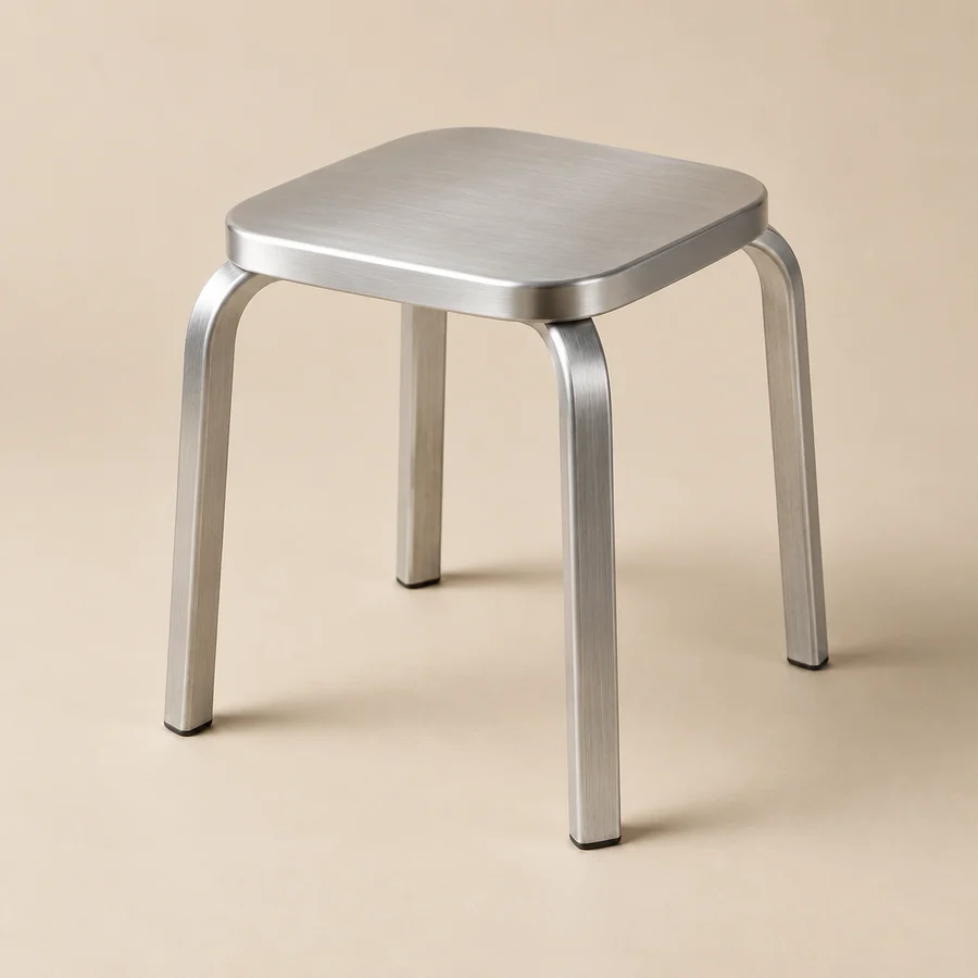 Minimal brushed-aluminum stool with rounded corners