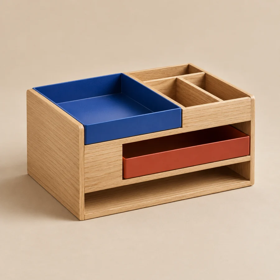 Pale oak desk organizer with cobalt and rust metal trays