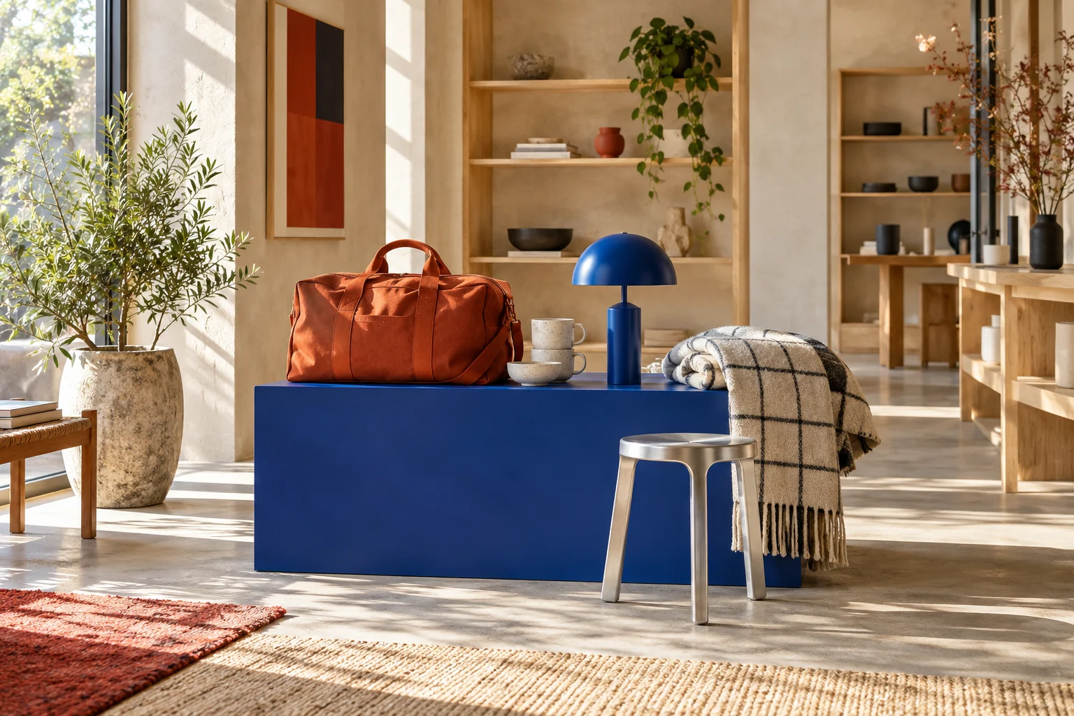 Sunlit Fieldhouse and Form concept store with a rust carryall, blue lamp, ceramic cups, woven blanket, and aluminum stool