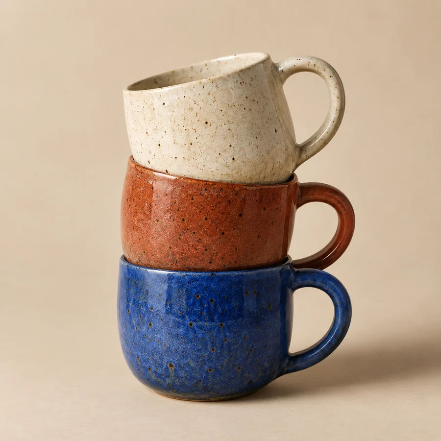 Three stacked speckled mugs in cream, rust, and cobalt